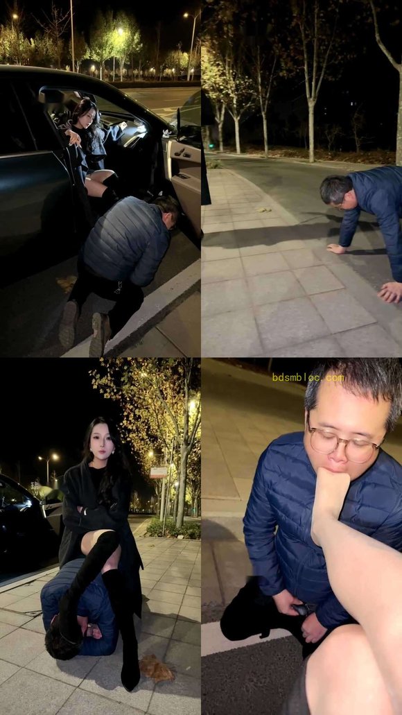 【水晶熊】深夜街头户外长靴踩踏遛狗