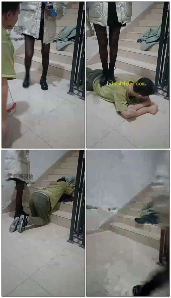 【第一帅男神】极品黑丝美女首次楼梯调教，耳光鞭打舔鞋踩踏