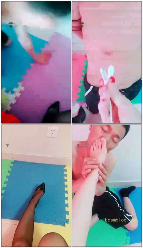 【聊城魅影S】绑起来丝袜堵嘴电击奶狗鞭打，舔脚羞辱